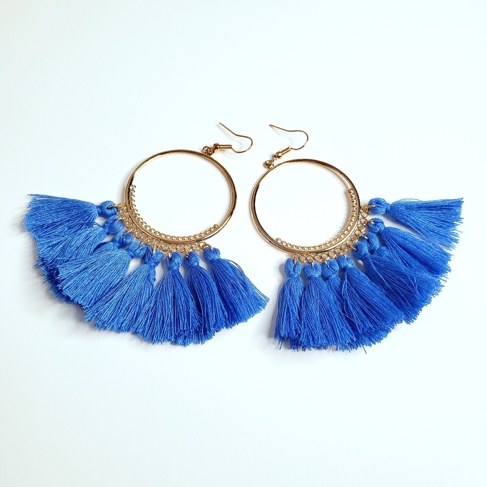 NWT Dusty Blue Cotton Bohemian Tassle Hoops Gold
